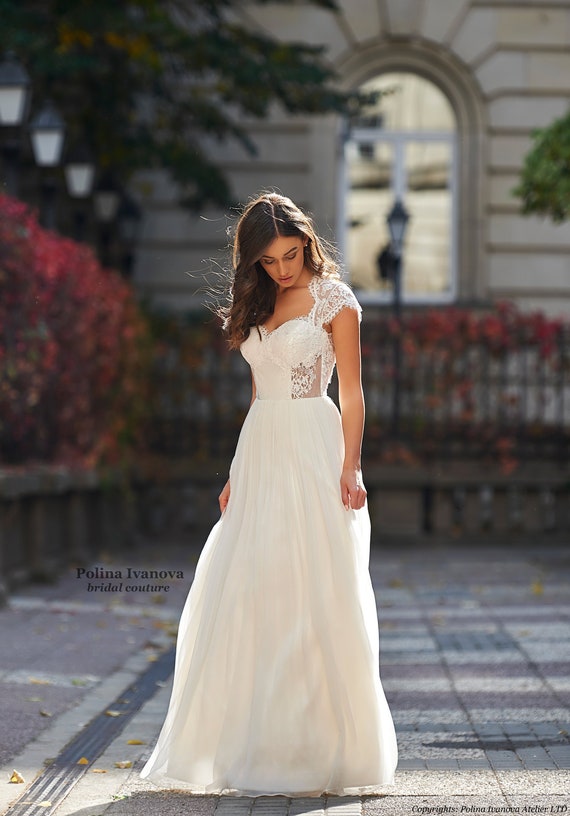 Flowy A-line Wedding Dress, Silk Chiffon Wedding Dress, Open Back Wedding  Dress, Lace Wedding Dress, Lace Bridal Gown, Cap Sleeves 