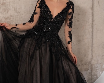 Black Wedding Dress, Black Sparkly Beaded Wedding Dress with A-line Silhouette Long Sleeves and Open Back, Gothic Wedding Dress | ESTELLA Black Wedding Dress, Black Sparkly Beaded Wedding Dress with A-line Silhouette Long Sleeves and Open Back, Gothic Wedding Dress | ESTELLA