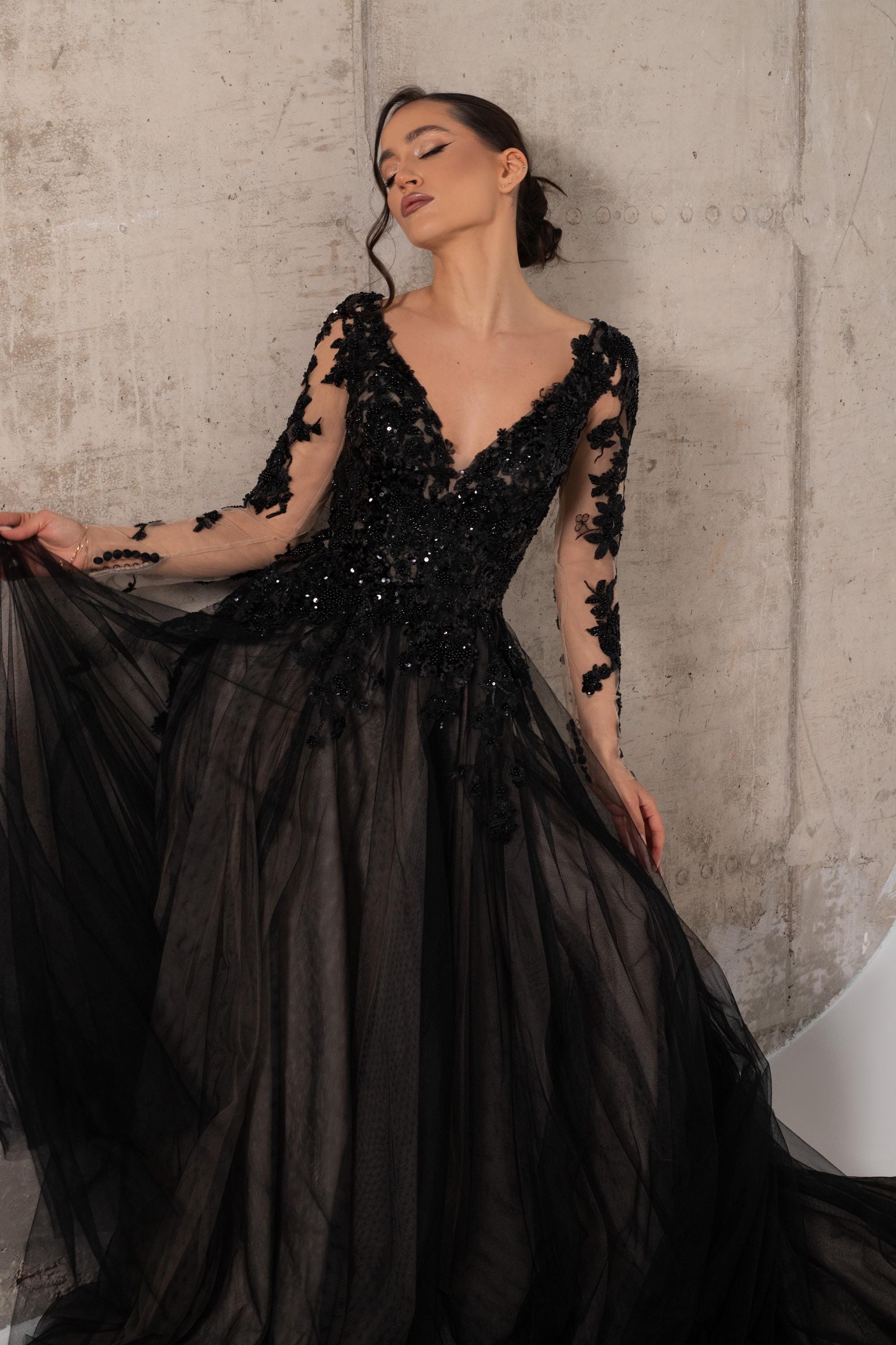 Black Wedding Dress, Black Sparkly Beaded Wedding Dress with A-line Silhouette Long Sleeves and Open Back, Gothic Wedding Dress | ESTELLA Black Wedding Dress, Black Sparkly Beaded Wedding Dress with A-line Silhouette Long Sleeves and Open Back, Gothic Wedding Dress | ESTELLA