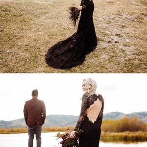 Black Lace Wedding Dress, Black Bridal Gown with Long Sleeves, Gothic Wedding Dress with Open Back, Alternative Lace Wedding Dress | VERONA image 6