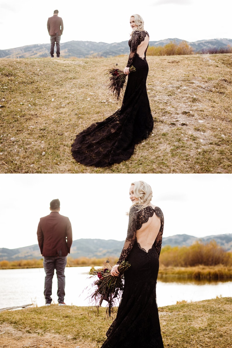 Black Lace Wedding Dress, Black Bridal Gown with Long Sleeves, Gothic Wedding Dress with Open Back, Alternative Lace Wedding Dress | VERONA image 6