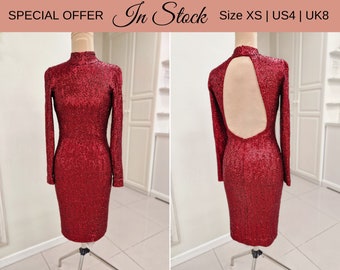 Red Sequin Dress, IN STOCK size XS, Cocktail Red Sequin Dress with Long Sleeves, Turtleneck and Open Back, Pencil Dress with Long Sleeves