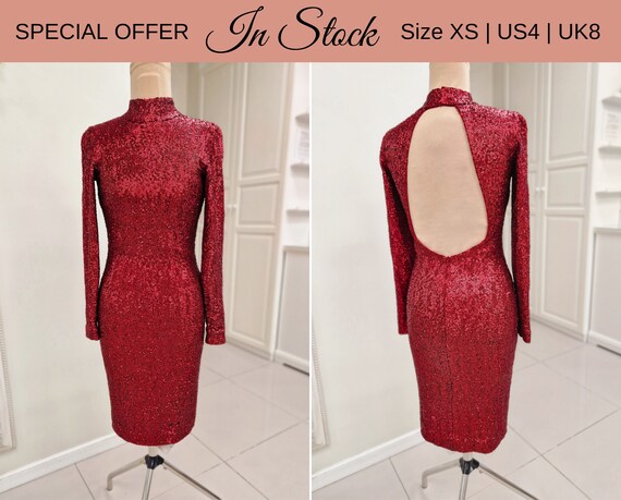 sachin and babi light blue dress Red Sequin Dress, in Stock Size XS, Cocktail Red Sequin Dress with Long Sleeves, Turtleneck and Open Back, Pencil Dress with Long Sleeves