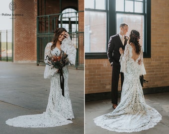 Bohemian Lace Wedding Dress, Open Back Wedding Dress with Long Sleeves, Deep Plunging Lace Wedding Dress, Lace Bridal Gown