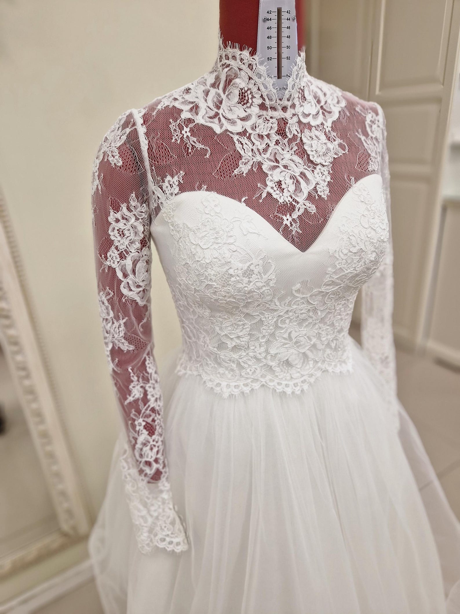 Turtle Lace Wedding Dress Topper With Long Sleeves in Alencon Chantilly Turtle Lace Wedding Dress Topper With Long Sleeves in Alencon Chantilly