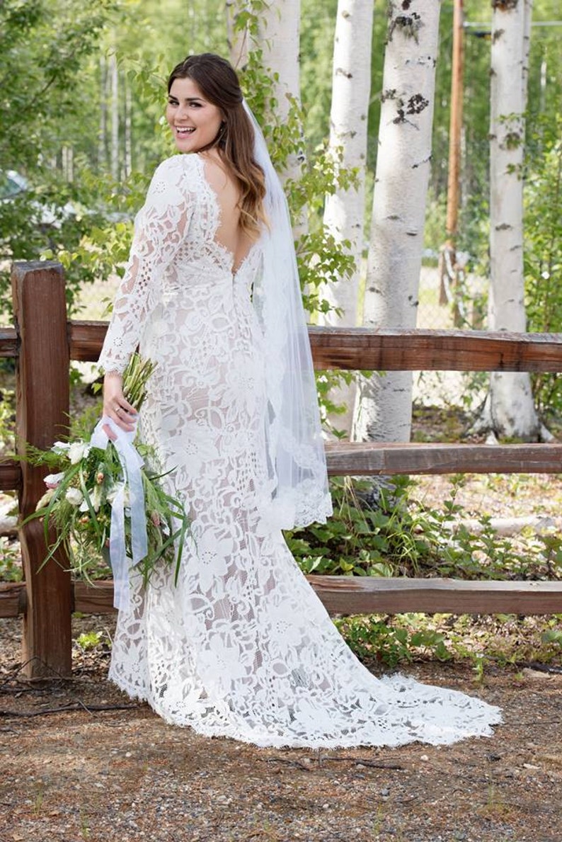 Lace Wedding Dress with Low V Back Long Sleeved Wedding | Etsy