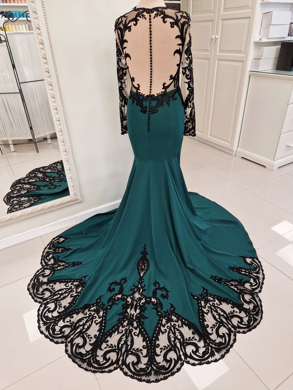 knee length dresses for ladies Black Girl Prom Dress Long Sleeve Lace Green Prom Dresses for Juniors