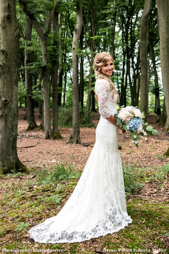 Lace Wedding Dress Low Open Back Wedding Dress Low Plunging Etsy