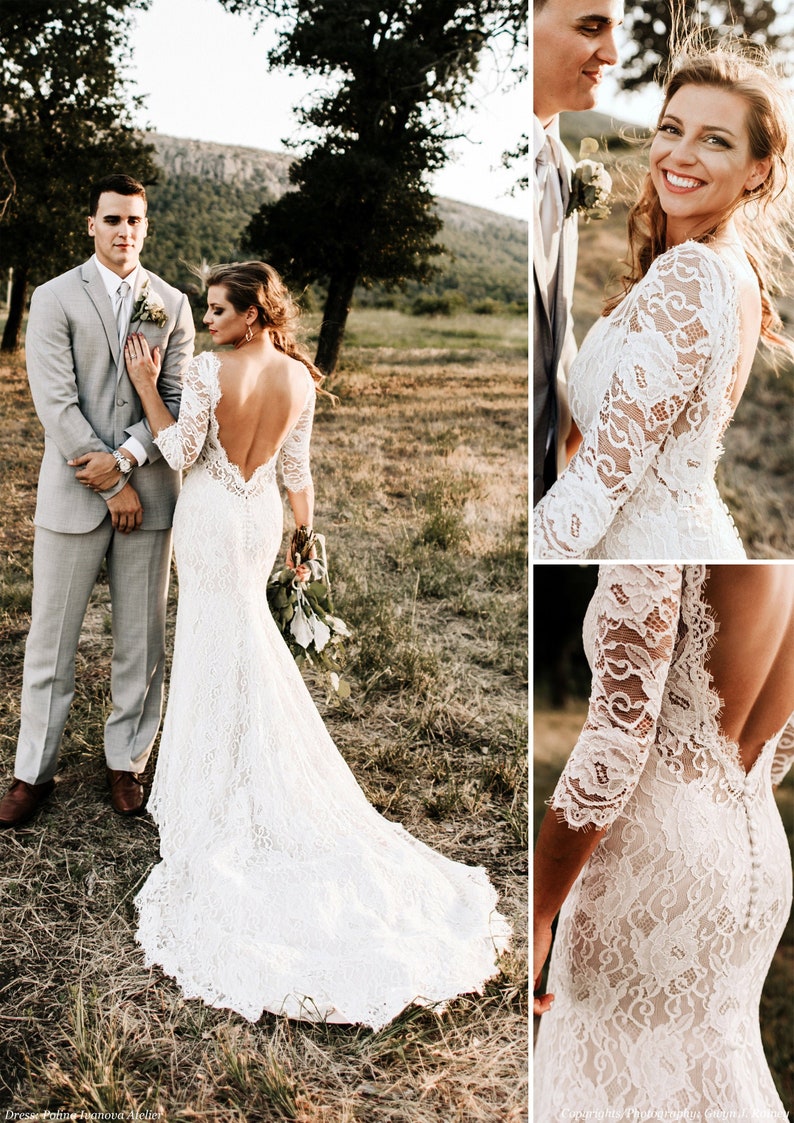 Lace Wedding Dress, Open Back Wedding Dress, Low V-back Dress, Boho Wedding Dress, Bohemian Wedding Dress, Wedding Dress with Sleeves image 1