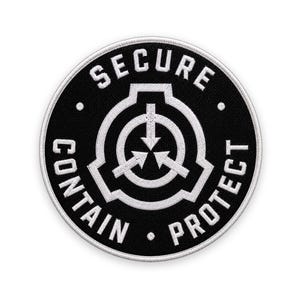 May include: A circular embroidered patch featuring a black background with a white border. The center displays a white stylized emblem with three arrows pointing inward. The text SECURE, CONTAIN, and PROTECT is stitched in white around the emblem.