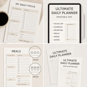 Planificador diario definitivo (PDF, imprimible, tamaño A4 + carta) con lista de tareas, horario, prioridades, comidas, estado de ánimo y registro de agua.
