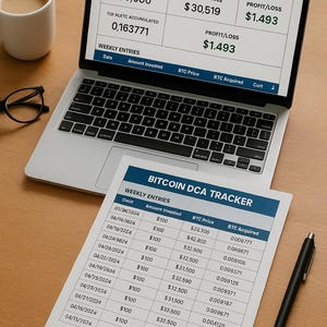 Könnte beinhalten: Ein Laptop zeigt einen Bitcoin DCA Tracker mit Finanzdaten. Ein ausgedrucktes Dokument mit wöchentlichen Einträgen und ein Stift liegen auf dem Tisch. Eine Kaffeetasse und eine Brille sind ebenfalls vorhanden. Die Maße sind in US-Dollar.