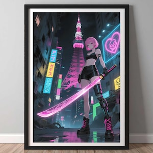 Cyberpunk Samurai Girl Poster | Neon Tokyo Wall Art | Anime Girl with Katana | Futuristic Sci-Fi Cityscape Print, Gamer Room Decor