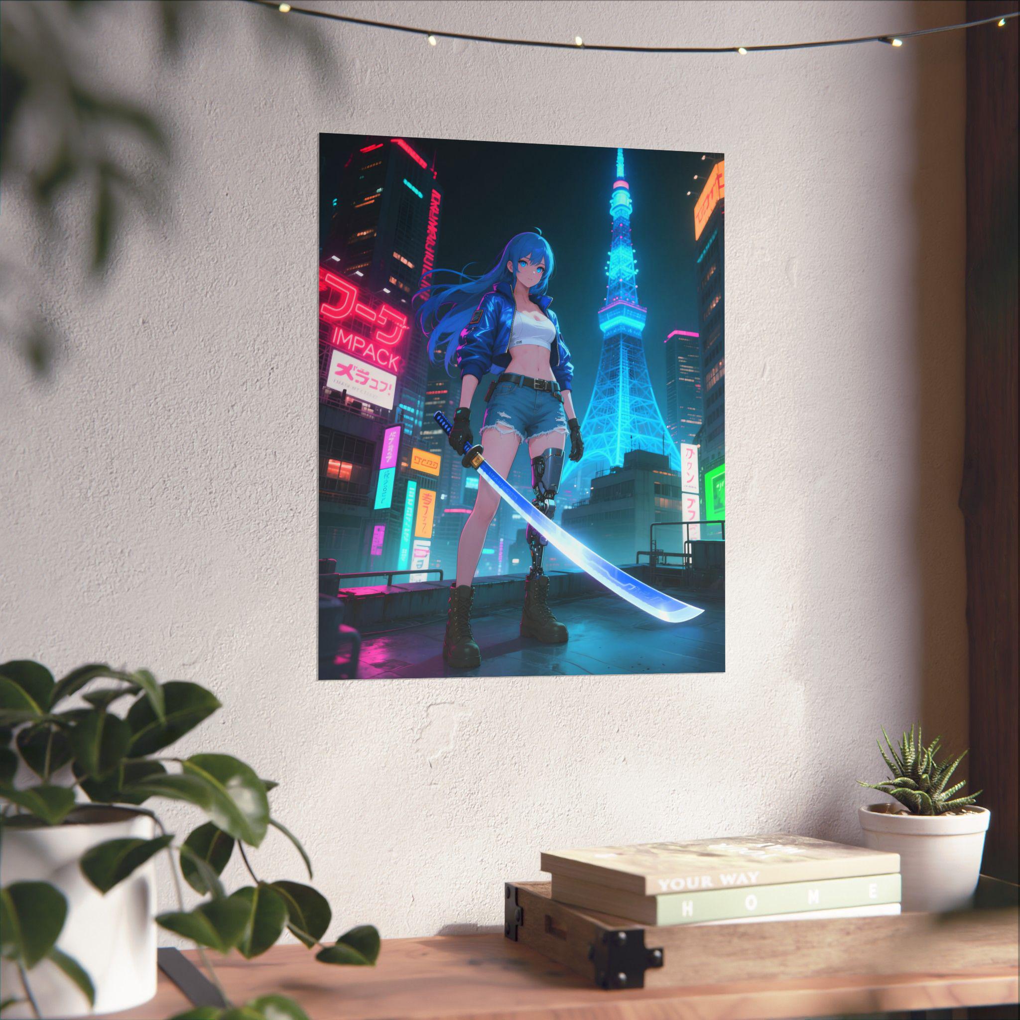 Cyberpunk Tokyo Girl Poster | Blue Hair Samurai Anime Art Print ...