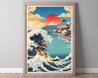 日本未発売 レア SURF'S UP ウォールキャンバス 壁張り アート SURFS UP SAMURAI - Great Wave Big Surf Art Print 11x17 by Rob