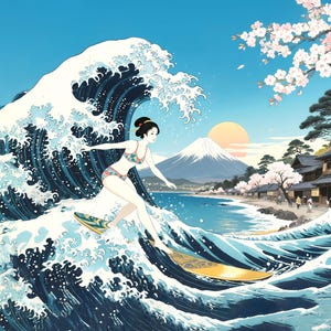 以下が含まれることがあります： 大きな波に乗る女性のイラスト。女性は花柄のビキニを着て、金色のサーフボードに乗っています。背景には富士山、海岸沿いの村、桜が描かれています。
