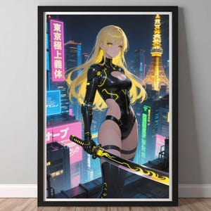 Cyberpunk Tokyo Girl Poster | Futuristic Samurai Anime Art Print | Neon Japan Warrior Wall Decor | Sci-Fi Gamer Gift
