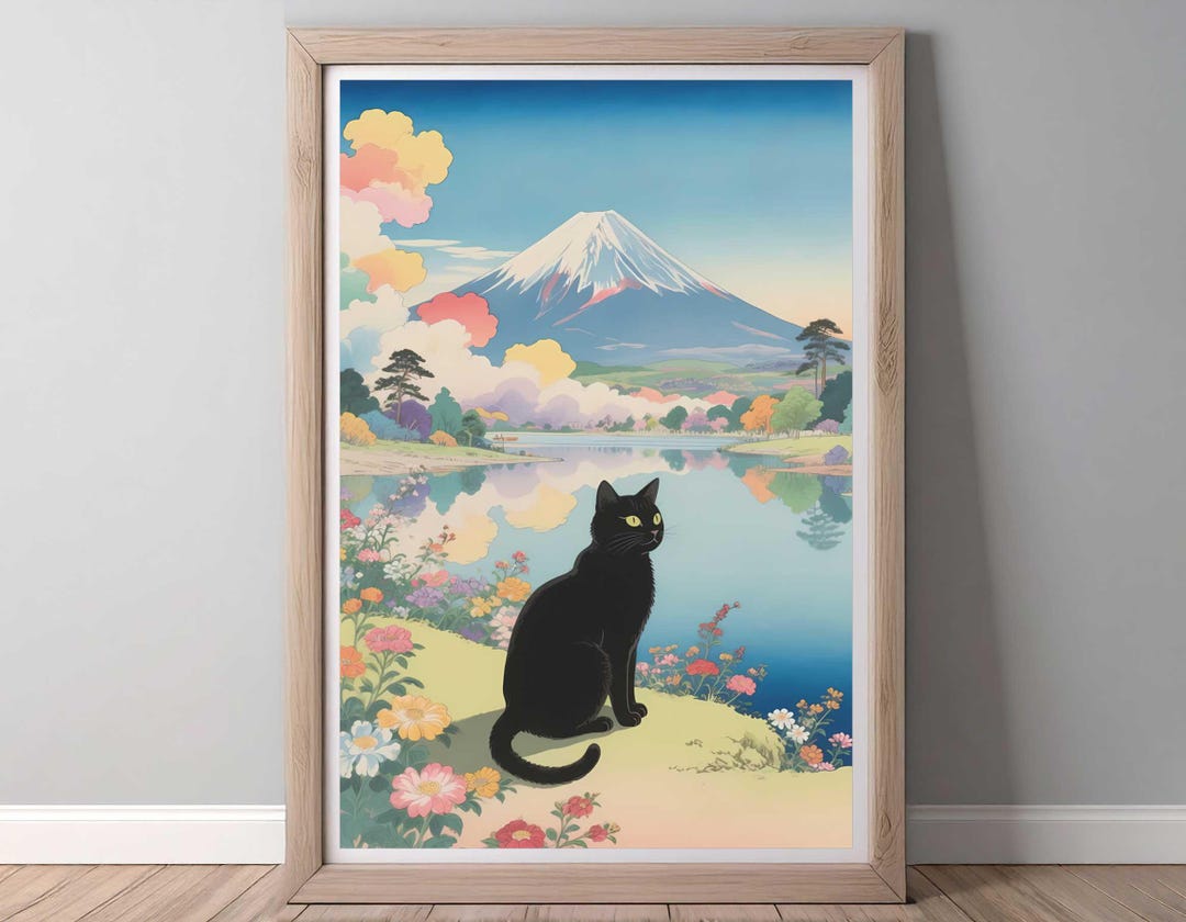 Japanese Black Cat Poster With Mount Fuji | Ukiyo-e Inspired Wall Art ...