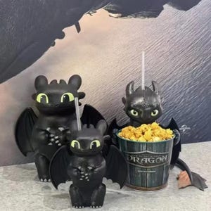 Toothless Dragon Movie Themed Popcorn Bucket Water Cup Pillow Keychain Set No Teeth Boy Toy Figure for Universal Studios Fans