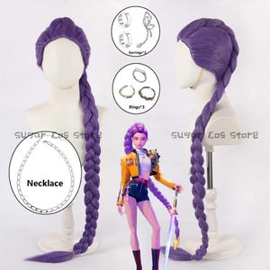 KPOP Demon Hunters Rumi Cosplay Wig Earrings Rings Necklace KPOP Huntrix Rumi Puple Long Hair Halloween Carnival Party For Women