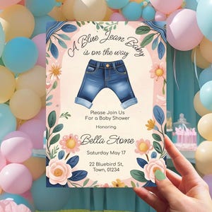 Blaue Jeans-Babypartyeinladung, Umschläge eingeschlossen, gedruckte Babypartyeinladungen, geschlechtsneutral, doppelseitige Einladung Babyparty