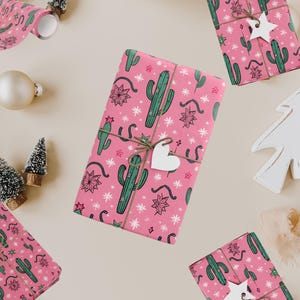 Cowgirl Wrapping Paper, Western Wrapping Paper, Pink Christmas Gift Wrap, Cowgirl Cactus Wrapping Paper for Christmas