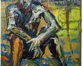 SOLD - Oil Paint on Gallery Wrapped Stretched Canvas of 24 by 18 by 3 4 in. impressionism face abstract realism signed art man male beach