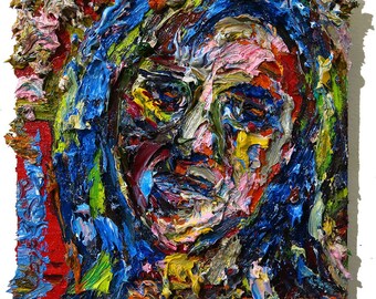 Original Oil Paint by David Padworny on cradled wood panel of 12 by 12 by 3/4 in./ face expressionism impressionism gallery art thick person