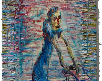 Original Ölgemälde Zeitgenössisch Urban Aussenseiter von 14 von 11 von 3/4 Zoll / Expressionismus Galerie Porträt große Frauen Dame einkaufen