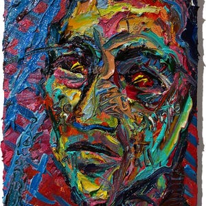 Original Oil Painting on Gallery Wrapped Stretched Canvas of 14 by 11 by 3/4 in./ expressionism face artist realism - has writing on face!