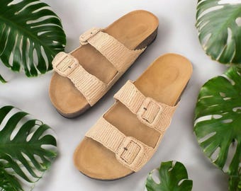 simple power raffia sandals - Handwoven Moroccan Raffia Slippers | Elegant Indoor-Outdoor Wear