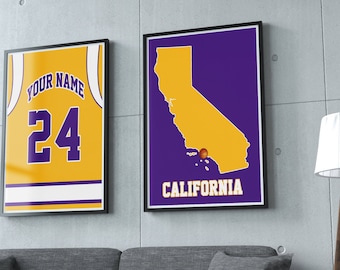 Los Angeles Lakers Jersey and MAP Poster Print - Personalized Any NAME and NUMBER, Basketball Poster, Man Cave, Sports Art Print, Wall Decor