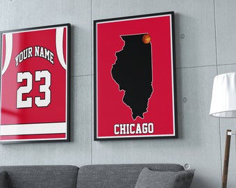 Chicago Bulls Jersey and MAP Poster Print - Personalized Any NAME and NUMBER, Basketball Poster, Man Cave, Sports Art Print, Wall Decor