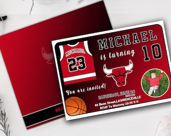 May include: Red and black basketball-themed birthday invitation for a boy turning 10. The invitation features a basketball jersey with the name "Michael" and the number "23" on it, a basketball, and a cartoon bull. The invitation also includes the date, time, and location of the party, as well as an RSVP number.