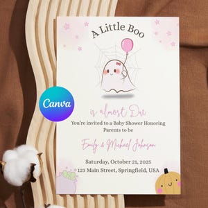 A Little Boo is Almost Due Baby Shower Invite | Cute Little Boo Invitation | Editable Halloween Canva Template , Printable Invite