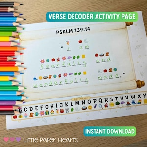 Sei stato creato in modo meraviglioso – Pagina di attività per bambini con la decodifica dei versetti (Salmo 139:14) / Download immediato stampabile