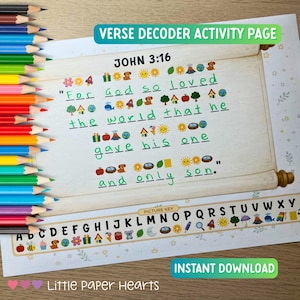 Puede incluir: Una página de actividad de decodificador de versículos con el texto "Juan 3:16" y una escritura con símbolos de imágenes. La página incluye una clave de imágenes y las palabras "Descarga instantánea" y "Little Paper Hearts". Un juego de lápices de colores es visible a la izquierda.