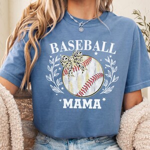 Comfot Color Baseball Mama Shirt with Leopard Bow Design for Sports Mom Gift image 1