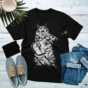 Rock and Roll Cat T-Shirt | Funny Guitarist Cat Tee | Musician Cat Shirt | Vintage Style Cat Graphic | Gift for Cat Lover | Cat Lover Gift