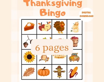 May include: Thanksgiving Bingo game with colorful illustrations of fall-themed items like pumpkins, turkey, and corn. The game includes the text "Thanksgiving Bingo" and "Digital Download". The game has 6 pages.