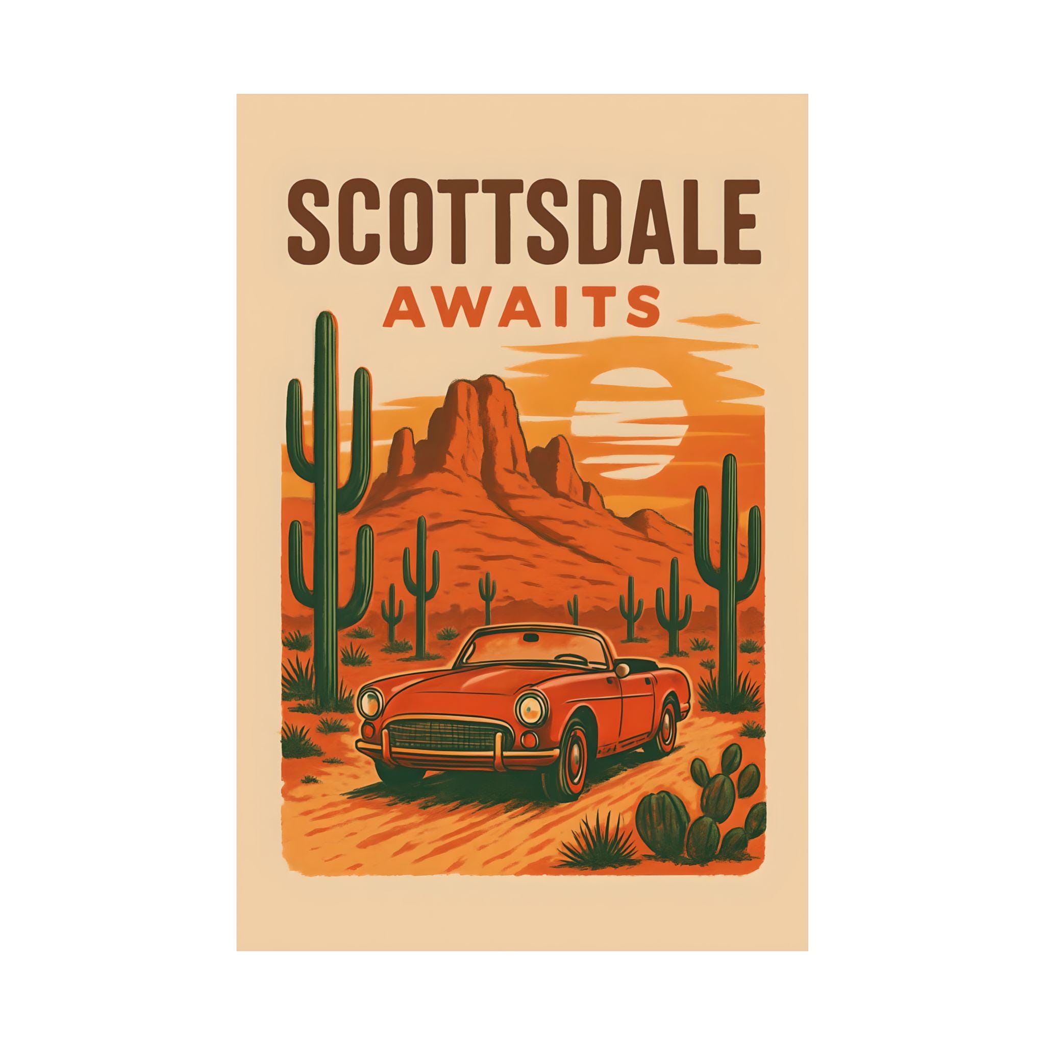 Póster vintage de Scottsdale Awaits, arte mural retro, decoración del suroeste, impresión de paisaje desértico, obra de arte de viaje a Arizona
