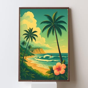 Tropisches Paradies Poster, Küsten Dekor, Strand Haus Zeichnung, Sommer Vibes Druck, Geschenk für Meer Liebhaber, Surf Poster Druck