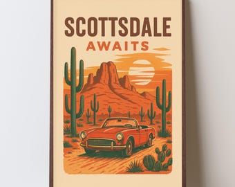 Descarga del póster vintage de Scottsdale Awaits, arte mural retro, decoración del suroeste, impresión de paisaje desértico, ilustraciones de viajes a Arizona