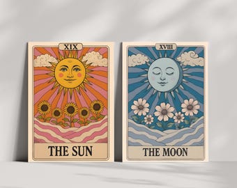 Descarga del set de láminas de tarot vintage Sol y Luna / Decoración bohemia, estética de habitaciones, decoración del hogar