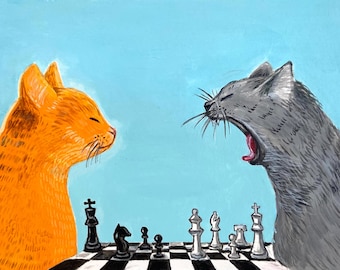 Chess cat art print, Print of an original hand-painted acrylic painting