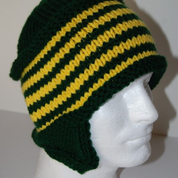 Green and gold striped hat with ear flaps for men or women