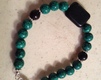 Green and Black Bracelet - Turquoise Gemstone Jewelry - Sterling Silver Jewellery - Beaded - Fashion - Trendy