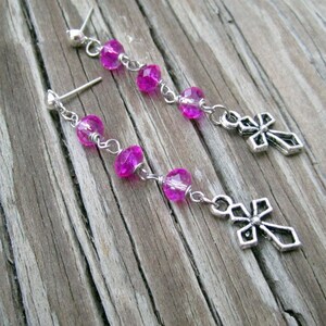 Cross Earrings Hot Pink Jewelry Silver Jewellery Crystal Religious Charm Fashion Style ER-64 image 4