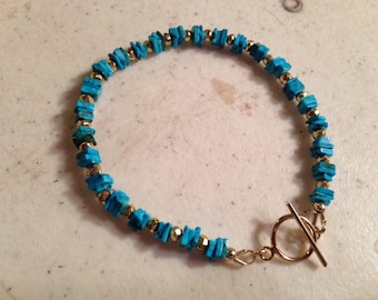 Turquoise Bracelet - Blue Gemstone Jewelry - Gold Jewellery - Fashion - Trendy - Pyrite - Square - Gift - Toggle - Beaded - Luet