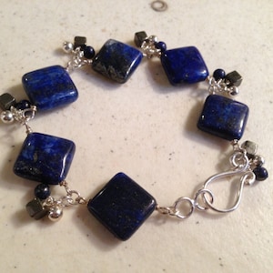 Lapis Bracelet Navy Blue Jewelry Pyrite Gemstone Jewellery Sterling Silver Fashion Unique image 1